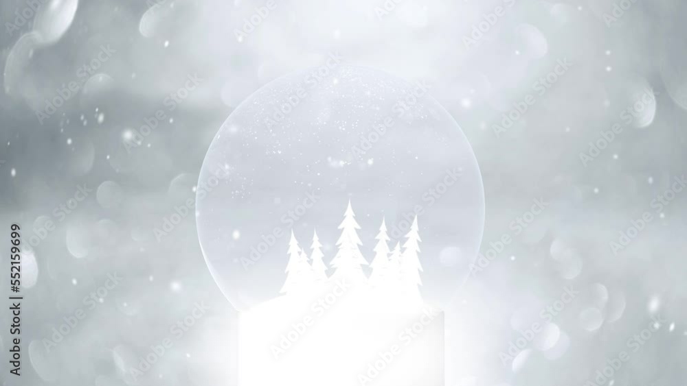 Christmas holiday snow globe snowball with animated snowy trees with falling snowflakes snowfall and bokeh glittering background. Copy space seamless loop background greeting card. Christmas holiday snow globe snowball with animated snowy trees with falling snowflakes snowfall and bokeh glittering background. Copy space seamless loop background greeting card.