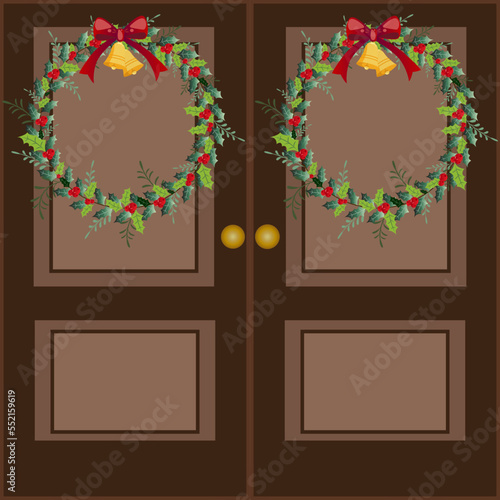 Christmas wreaths hanging on the front door vector illustration