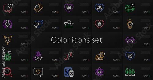 Set of Love message, Heart and Equality line icons. Include Love heart, For ever, Social media icons. Friend, Ask me, Atom web elements. Honeymoon travel, Friendship, Male female. Vector