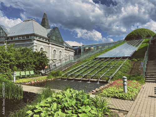 Rooftop Gardens of University library in center of Warsaw. Green building, plants and many trees. Good location for rest, reading book