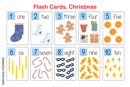 Christmas objects flash cards topical number and vocabulary learning printable, educational English worksheet for kids, nursery, kindergarten, pre-school or leisure activity, teachers resources, games