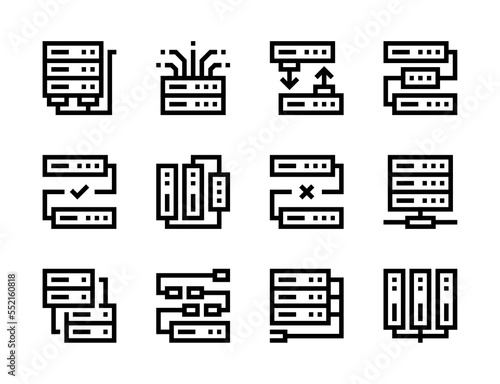 Database, Server connection and Data transfer line vector icons. Hosting equipment, File network and Storage editable stroke outline icon set.