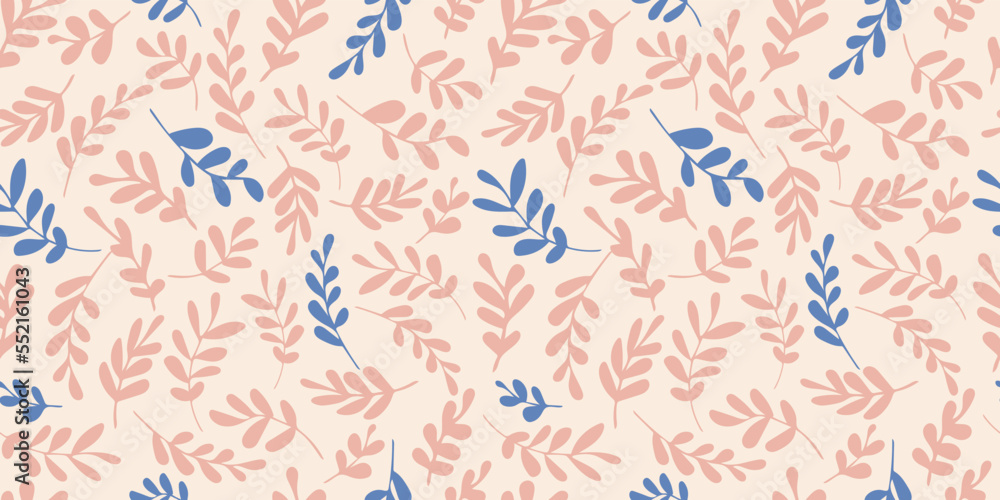 Silhouettes of doodle leaves horizontal seamless pattern. Vector hand drawn illustration in simple scandinavian doodle cartoon style. Isolated pink and blue branches on a light beige background.