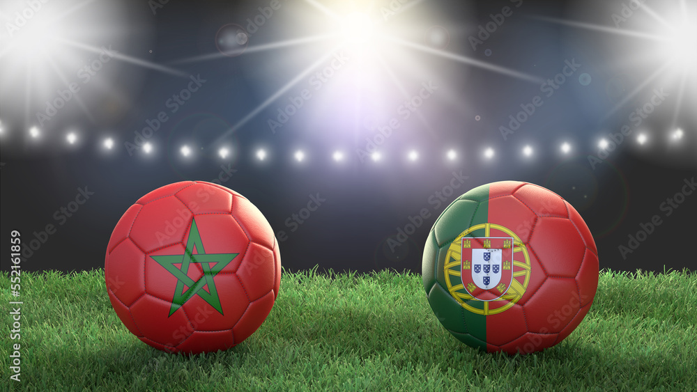 Fototapeta premium Two soccer balls in flags colors on stadium blurred background. Morocco vs Portugal. 3d image