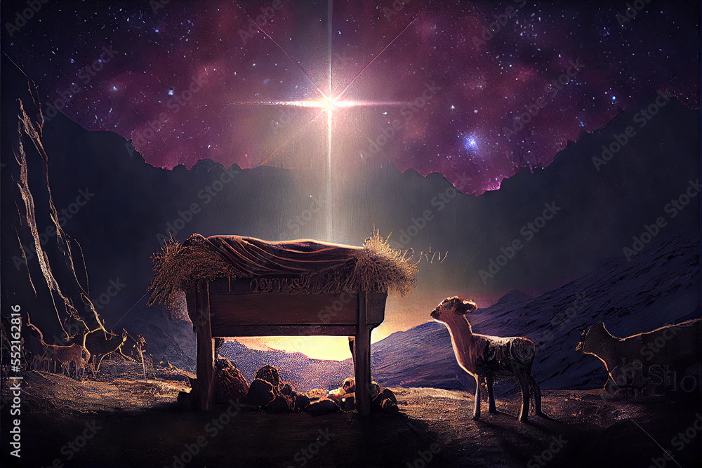 Nativity scene, Christian Christmas concept, Birth of Jesus Christ. Wooden  manger with holy child in barn in dark blue night. ilustração do Stock |  Adobe Stock