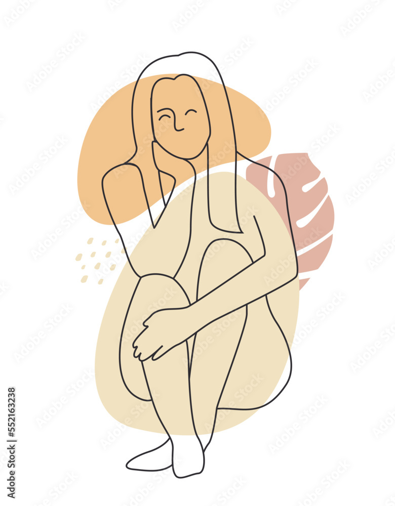 Female figure abstract. Woman sitting with head on her hand. Poster or banner for site. Fashion and trend, graphic element for printing on fabric. Model for magazines. Cartoon flat vector illustration