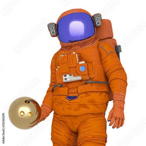 astronaut is holding a golden bowling ball trophy