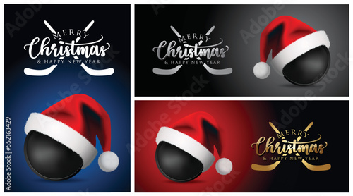Christmas Hockey Puck and Santa Claus Hat - Merry christmas Sports Greeting Card - vector design illustration - Set of Blue Gold Red Black Background photo