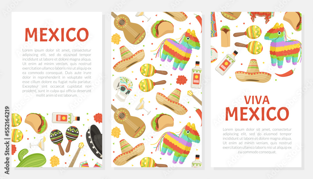 Mexican Cartoon Card Design with Pinata and Sombrero Hat Vector Template