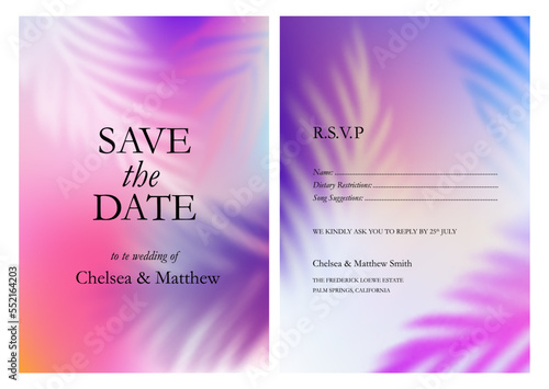 Bright Tropical Gradient Backgrounds Set. Vector Wedding Invitations. Save the Date Greeting Cards. Abstract Bg with Tropical Elements Overlay. Blurred Palm Leaves