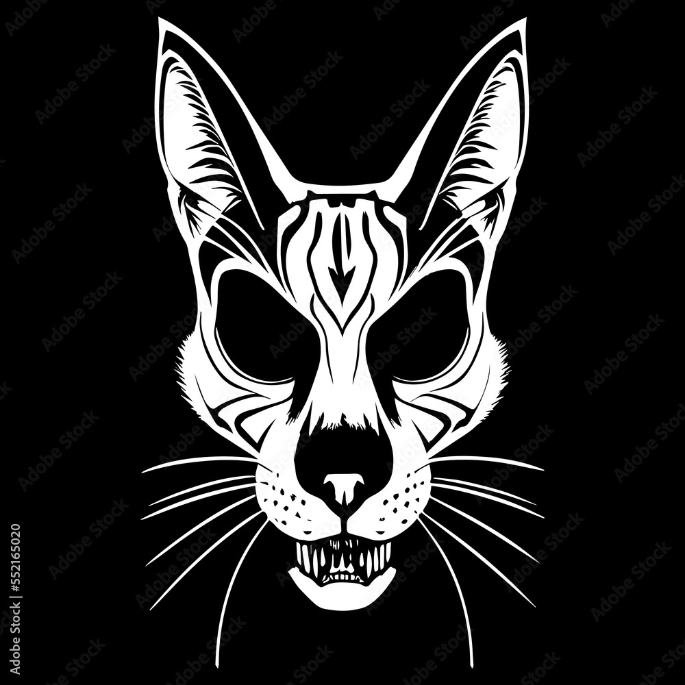 Cat skeleton for t shirt print black and white, hand drawn vector picture