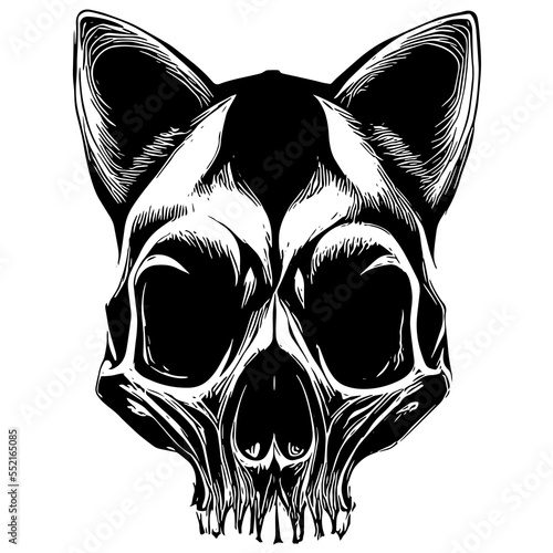 cat skeleton shirt print black and white, hand drawn vector picture