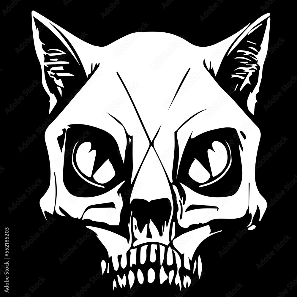 cat skull line drawing black and white, hand drawn vector picture Stock ...