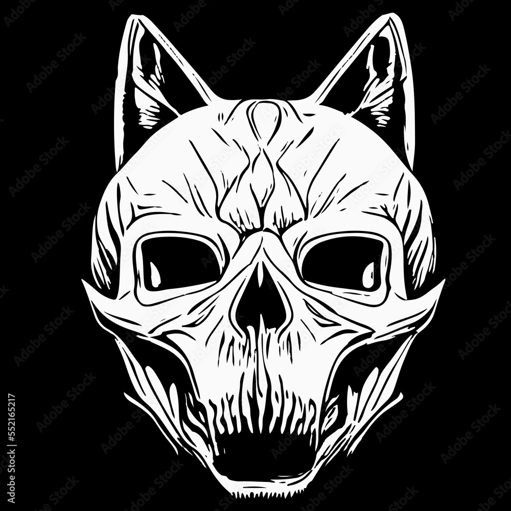 cat skull line drawing black and white, hand drawn vector picture Stock ...