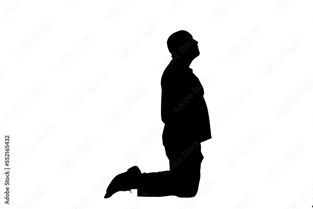 silhouette of a man kneeling on white background look up