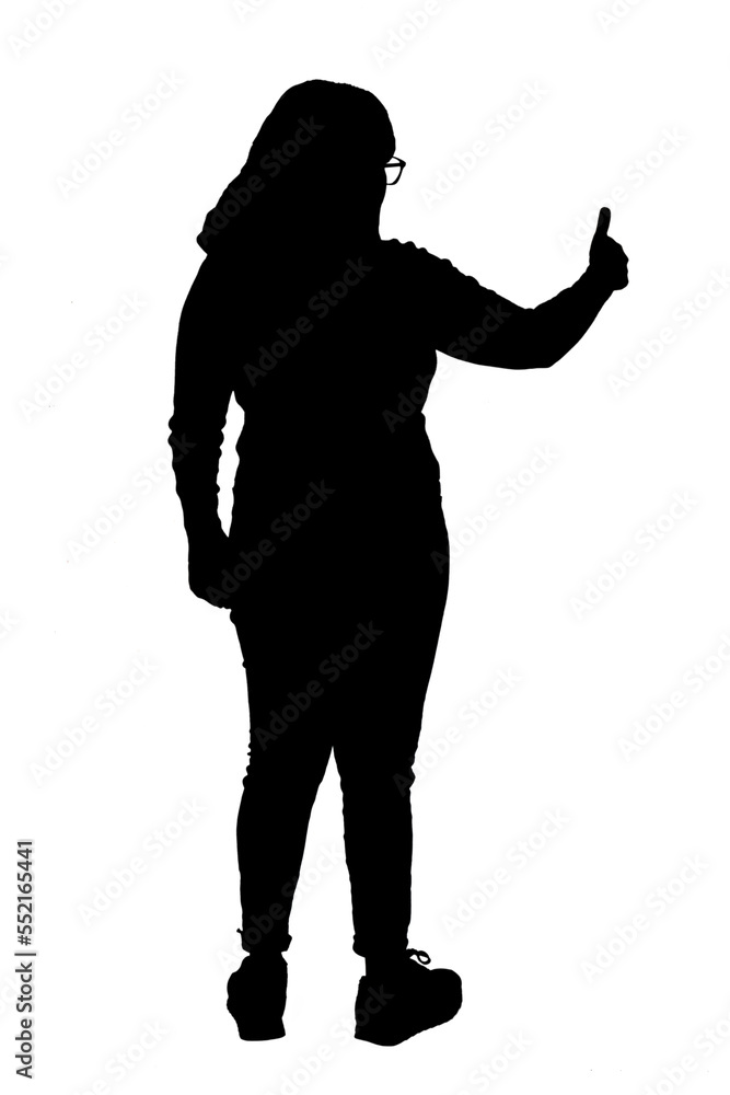 silhouette of a lportrait of a woman thumbs up isolated on white