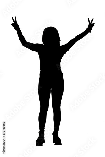 silhouette of a woman with victory sign on white background © curto