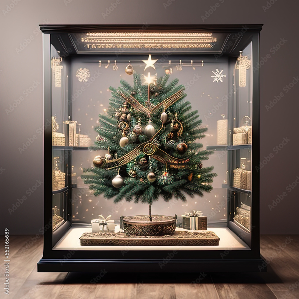 photorealistic of a Christmas tree with gift under it in a sci-fi/knolling case - AI Generated