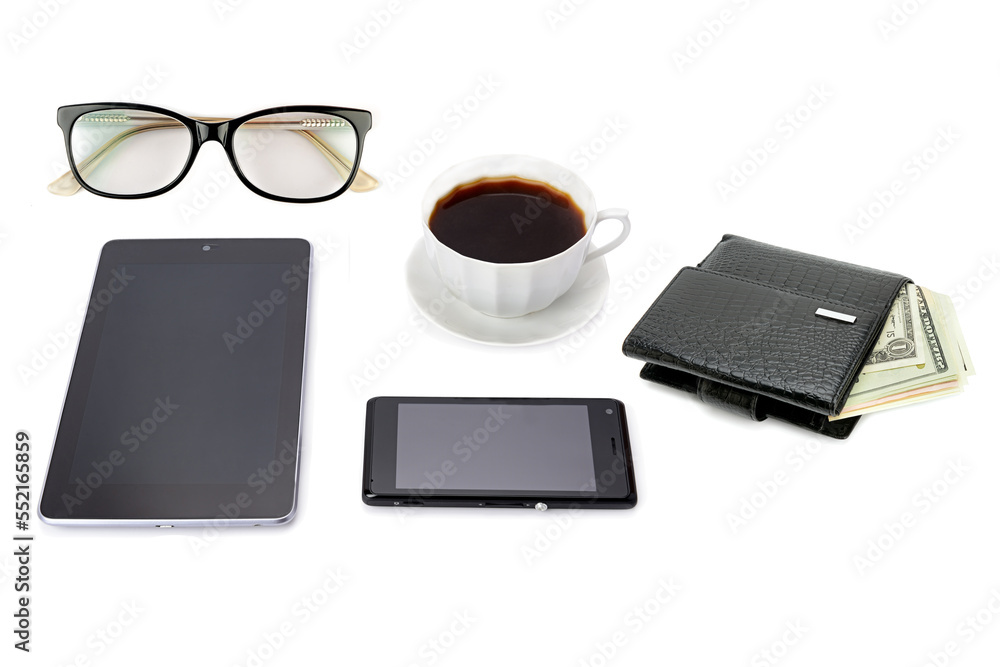 Mobile phone, tablet,Wallet with dollars, cup of coffee and glasses isolated on white background. Mobile phone, tablet,Wallet with dollars, cup of coffee and glasses isolated on white background.