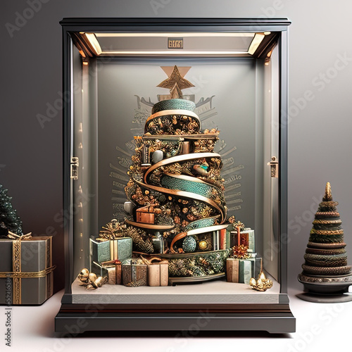 photorealistic of a Christmas tree with gift under it in a sci-fi/knolling case - AI Generated