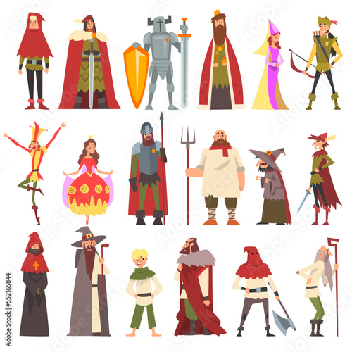 Medieval People Characters with Peasant, King, Warlock, Knight, Headsman, Archer and Jester Vector Set