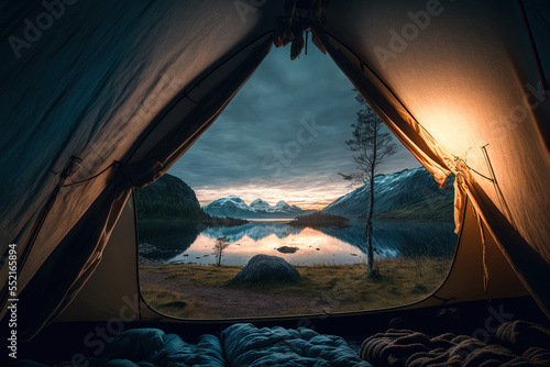 A beautiful photograph of the stunning landscape of Norway, as seen from inside a tent. The perspective from inside the tent adds a sense of coziness and serenity to the image. 