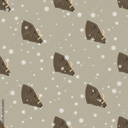 Seamless animal winter pattern with heads of Buru babirusa and snowflakes. (Babyrousa babyrussa). Indonesian wild pig. Cartoon style. On gray background. photo