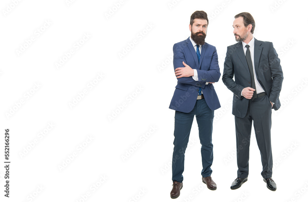 Boss and employee. Education for business. Successful entrepreneurship. Respect and reputation. Business team. Business meeting. Collaboration and teamwork. Bearded businessmen in formal clothes