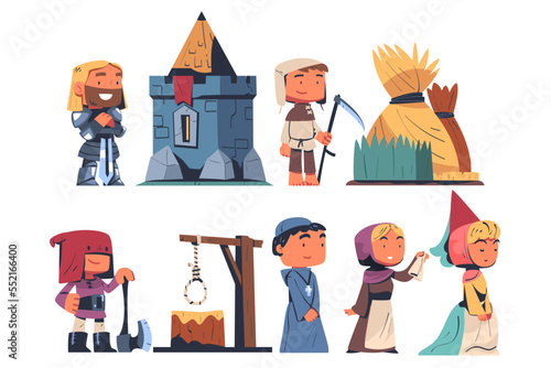 People from Middle Ages with Knight, Headsman, Peasant and Priest Vector Set