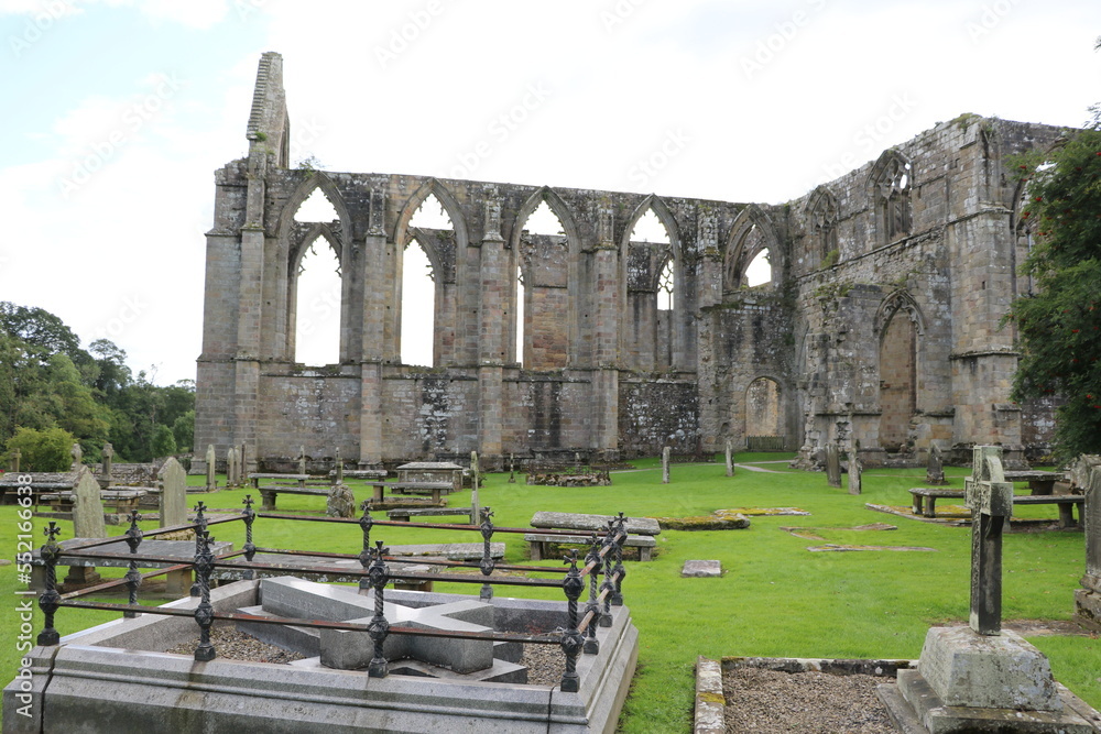 Historic Bolton Abbey ruins and graveyard in Yorkshire England, Great Britain
