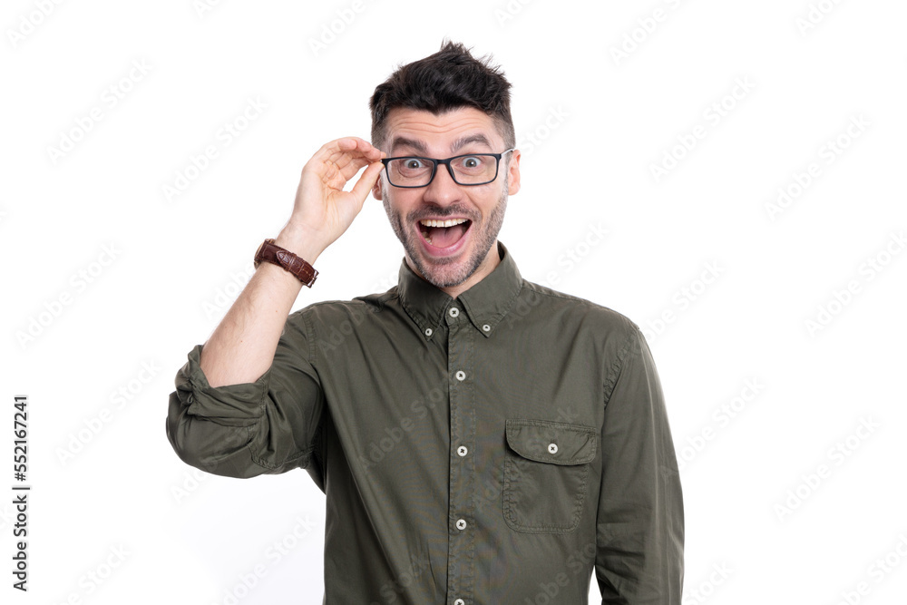 amazed entrepreneur man in glasses. caucasian entrepreneur man in shirt. amazed entrepreneur man in glasses. caucasian entrepreneur man in shirt.