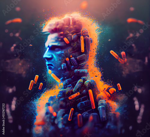 AMR Antimicrobial resistance - illustration of a man with bacterias with antimicrobial antibiotic resistance