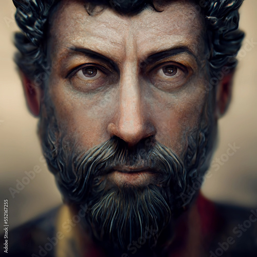 Close up portrait of a man depicting Marcus Aurelius Roman emperor, created with Generative AI technology photo