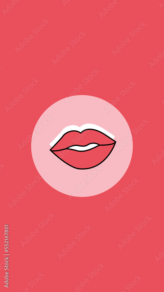 Story Highlights Cover with lips flat vector illustration on dark pink background for social media.