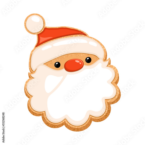 Christmas sugar cookie Santa face. Gingerbread bisquit glased or desorated with icing. Home bakery pastry. Shortbread home made cooking sweet Xmas snack. Cartoon vector illustration flat design.