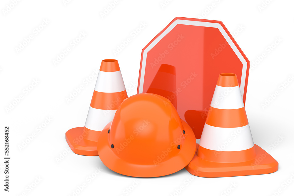 Set of safety helmets or hard hats and traffic cones, road sign on white Set of safety helmets or hard hats and traffic cones, road sign on white