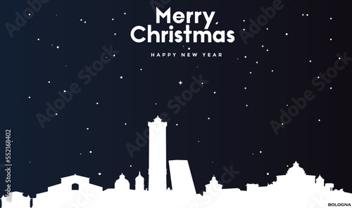 Christmas and New year dark blue greeting card with white panorama of Bologna