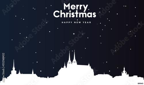 Christmas and New year dark blue greeting card with white panorama of Brno