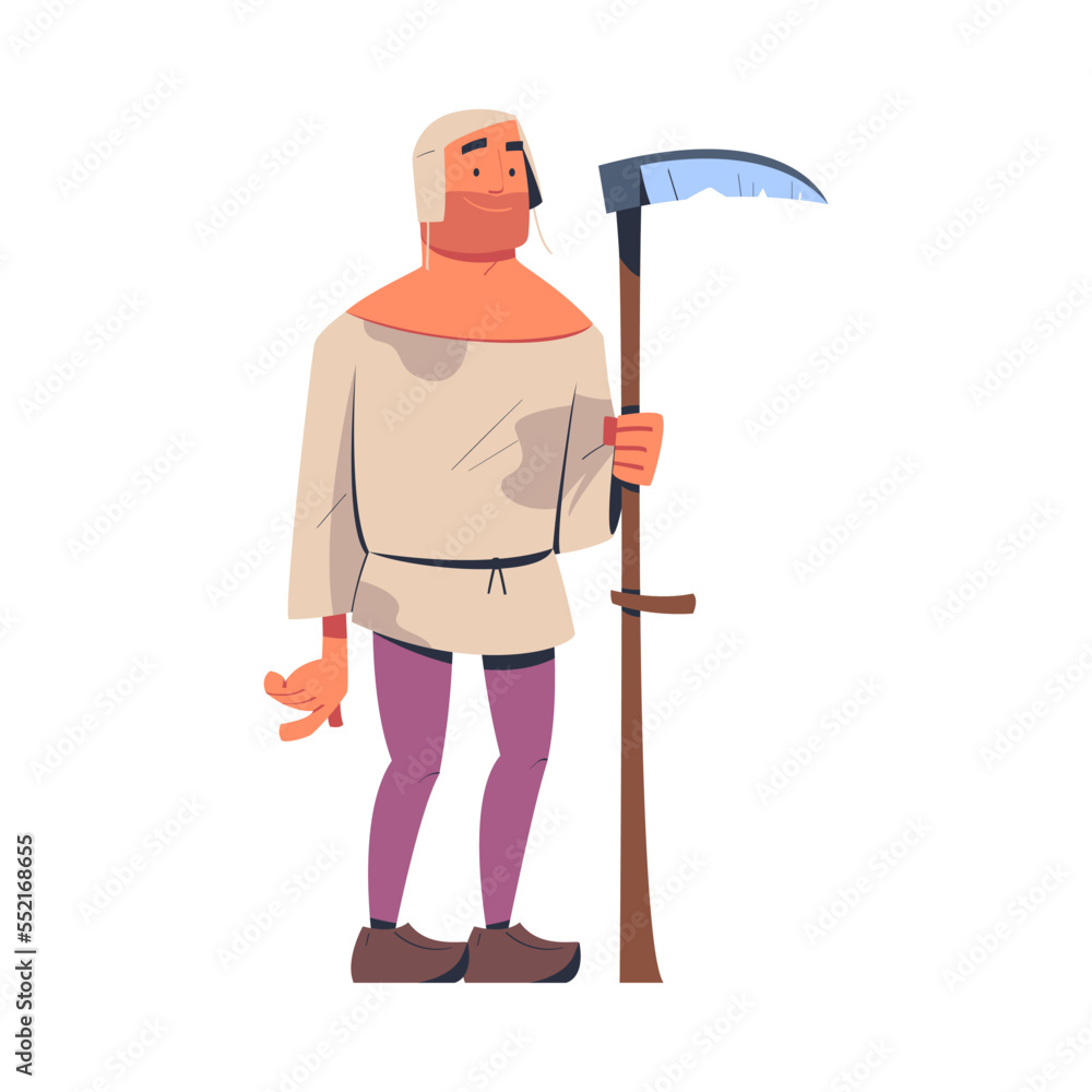 Man Farmer and Peasant Standing with Scythe as Character from Middle Ages Vector Illustration Man Farmer and Peasant Standing with Scythe as Character from Middle Ages Vector Illustration