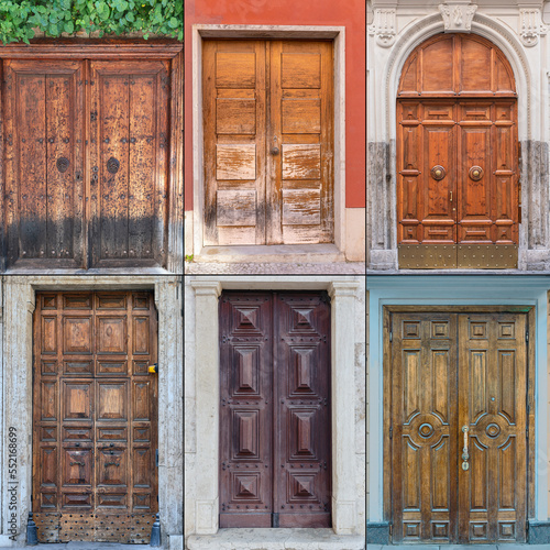 old wooden doors with metal decorations in the historical part of various cities