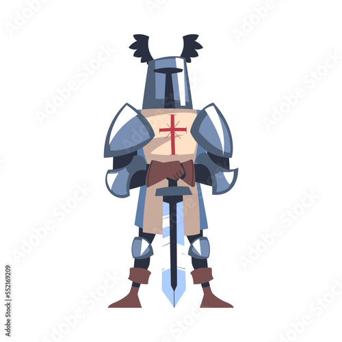 Knight from Middle Ages in Iron Armour Suit Holding Sharp Sword Vector Illustration