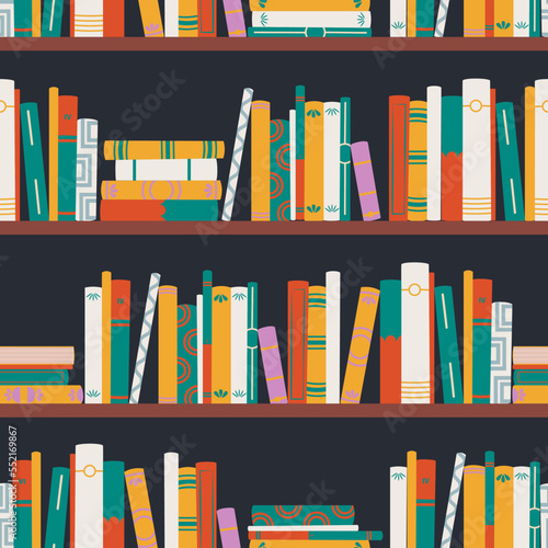 Repeating book spines. Bookshelf with various books. Vector seamless pattern on a black background. Ideal for design, print, fabric, packaging.