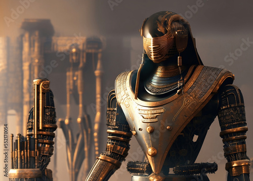 closeup of detailed futuristic egyptian robot like god Horus in black gold armor holding weapon some futuristic sity buildings in back, generative AI