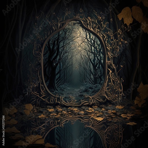 Slika na platnu Mystical gothic mirror, dark gloomy background with fantasy mirror, reflection of darkness, dark forest