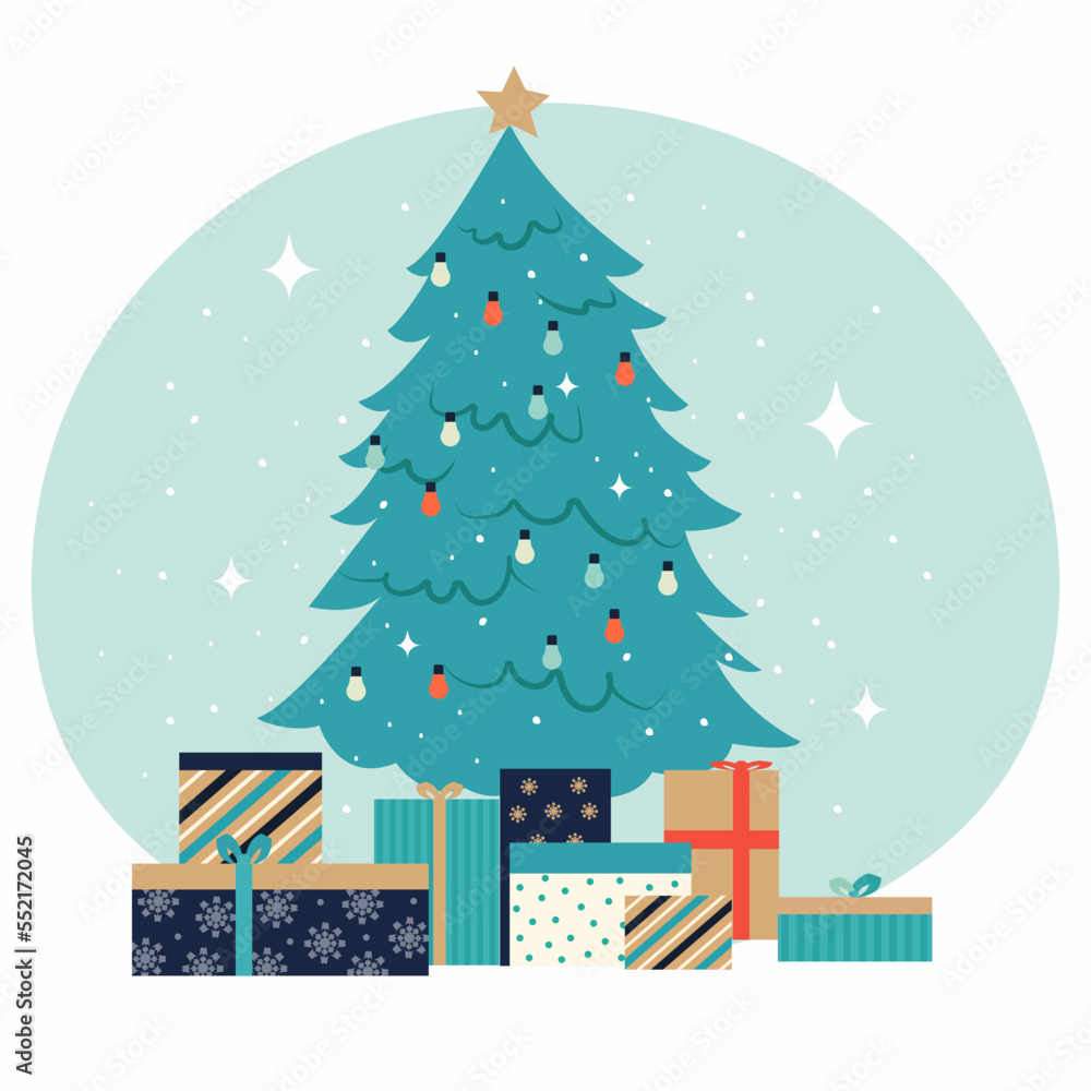 Decorated Christmas tree with gift boxes, star, lights, decorative balls and lamps. Merry Christmas and Happy New Year. Flat style vector illustration.