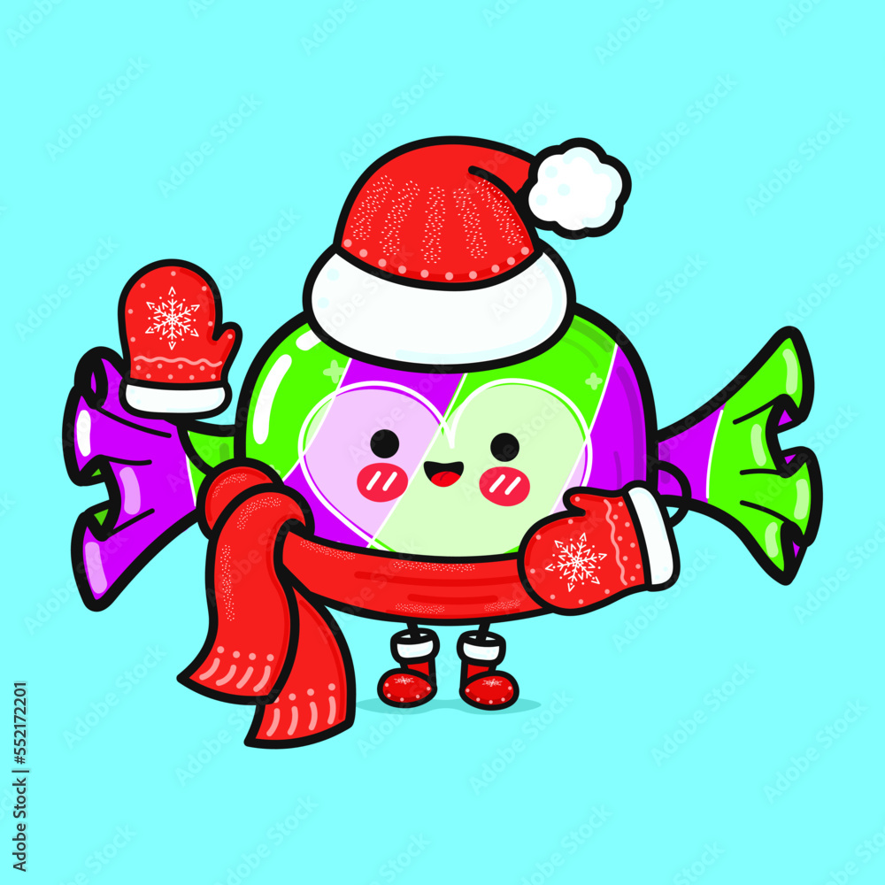 Funny smiling happy Candy and christmas hat. Vector flat cartoon character illustration icon design. Isolated on blue background Funny smiling happy Candy and christmas hat. Vector flat cartoon character illustration icon design. Isolated on blue background