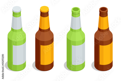 Isometric Bottle of beer with drops. Glass of beer and Bottle of beer isolated. Alcoholic drink. rewing, Craft beer brewing