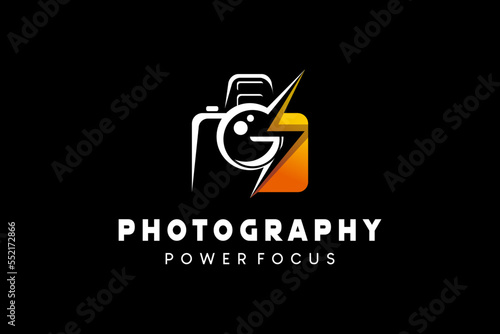 Camera logo design, photography camera logo illustration with electric power icon