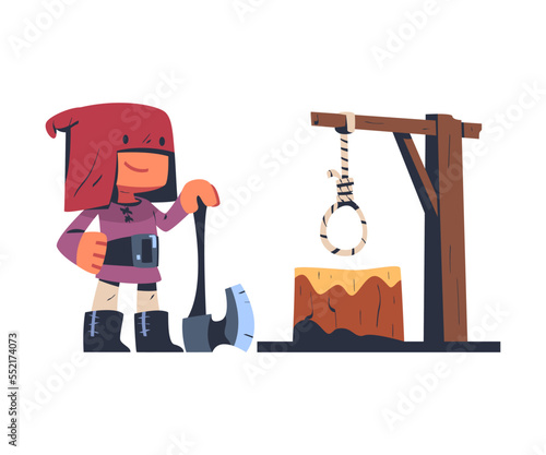 Executor or Headsman from Middle Age Wearing Red Hat with Sharp Axe Vector Illustration