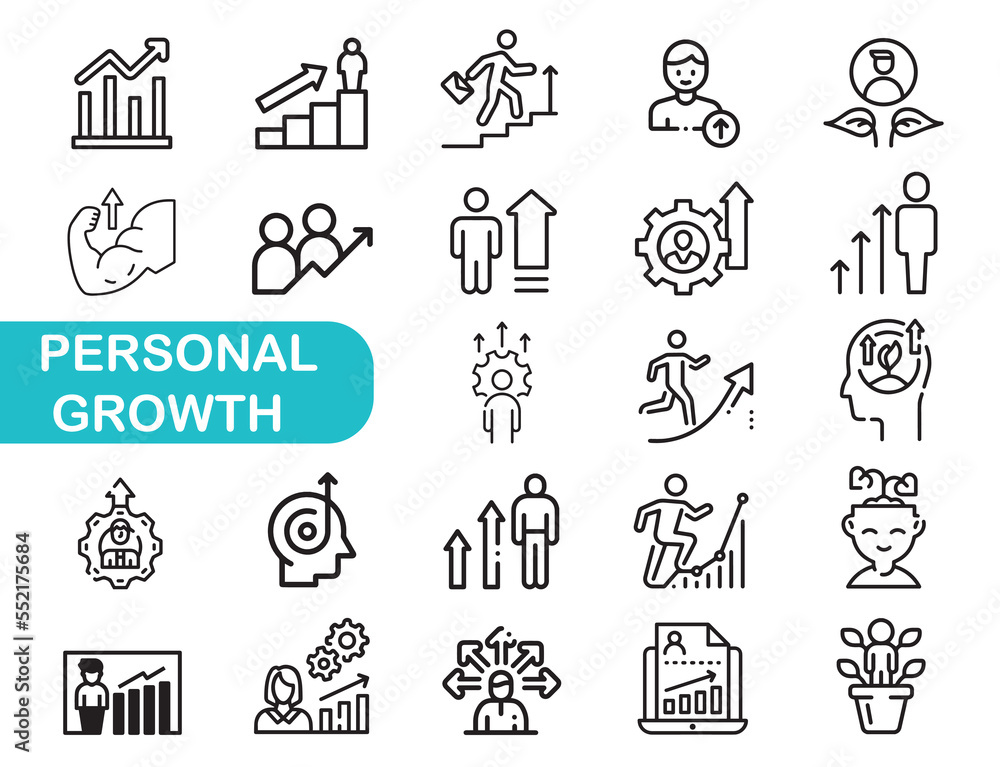 Vector set thin icons related to career progress, Growth, coaching, business people training, Mono line pictograms and infographics design elements. Lines with editable stroke